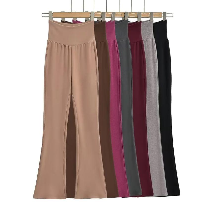 Long-Sleeve Stand Collar Plain Ruched T-Shirt / High Waist Plain Flared Pants Product Image
