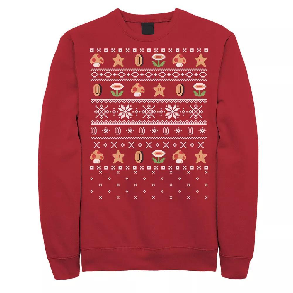 Men's Nintendo Super Mario Stars & Flowers Holiday Pattern Sweatshirt, Size: XXL, Red Product Image