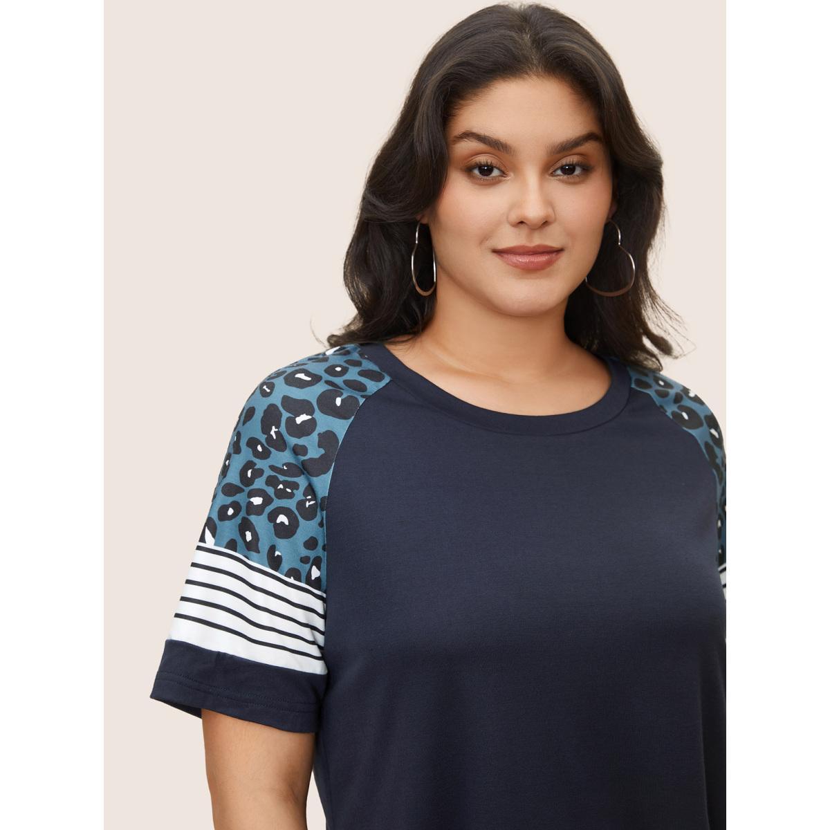 Plus Size Stripes Leopard Patchwork Raglan Sleeve T-shirt Midnight Women Casual Contrast Round Neck Everyday T-shirts BloomChic 14-16/1X Product Image