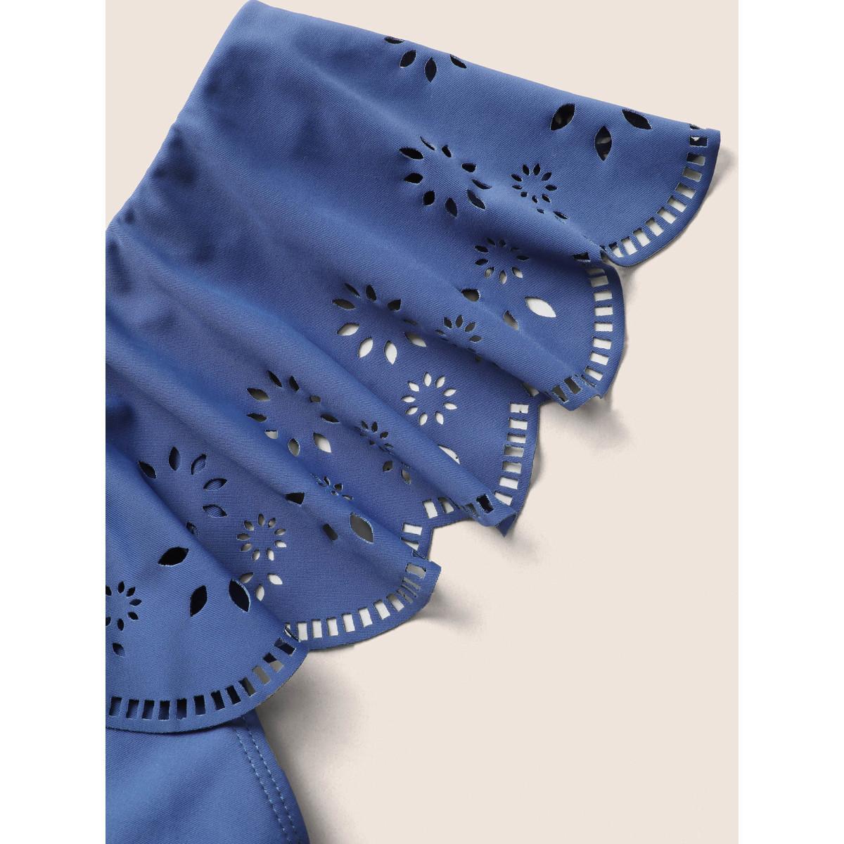 Plus Size Plain Laser Cut Flutter Trim One Piece Swimsuit Women's Swimwear Indigo Beach Gathered Curve Bathing Suits High stretch One Pieces BloomChic 14-16/1X Product Image
