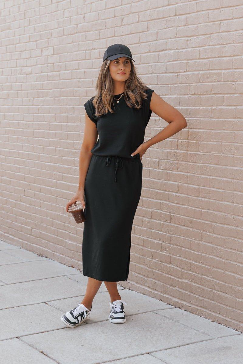 Black Drawstring Slit Midi Dress Female Product Image