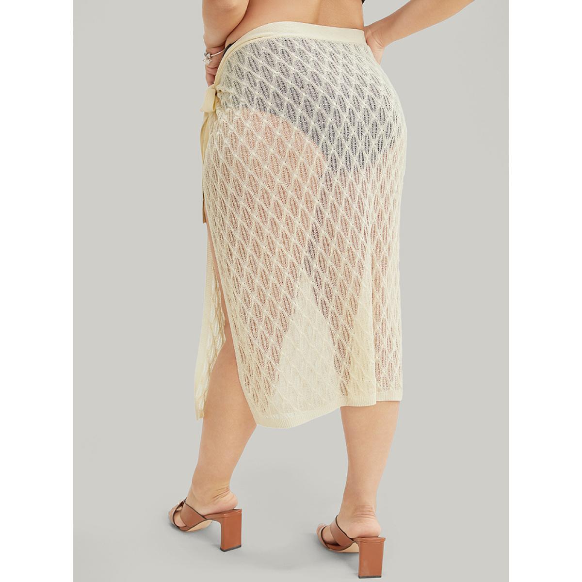 Plus Size Plain Argyle Knot Side Knit Skirt Women Beige Vacation Medium stretch Going out Skirts BloomChic 22-24/3X Product Image