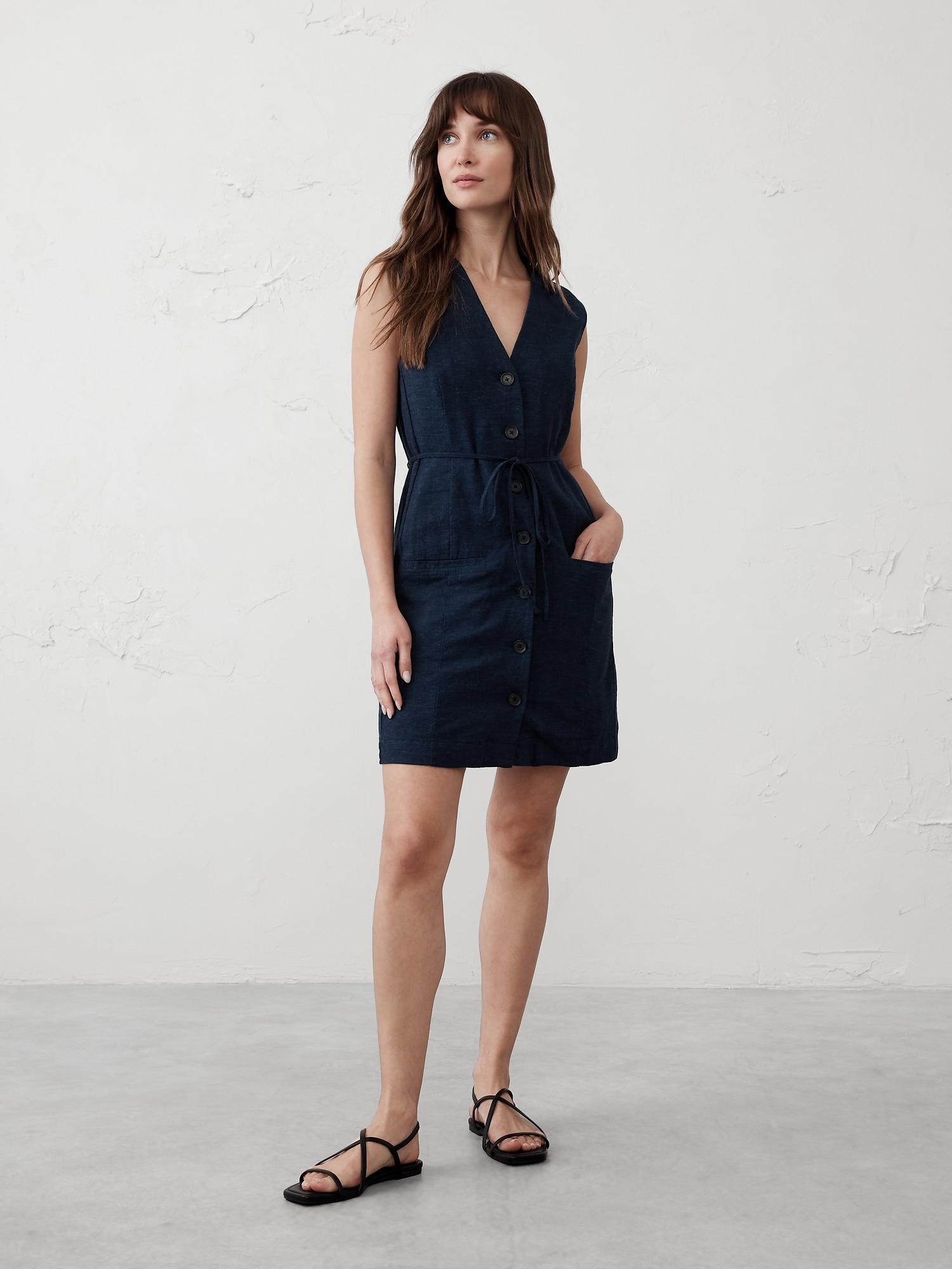 Linen-Blend Button-Front Mini Dress Product Image