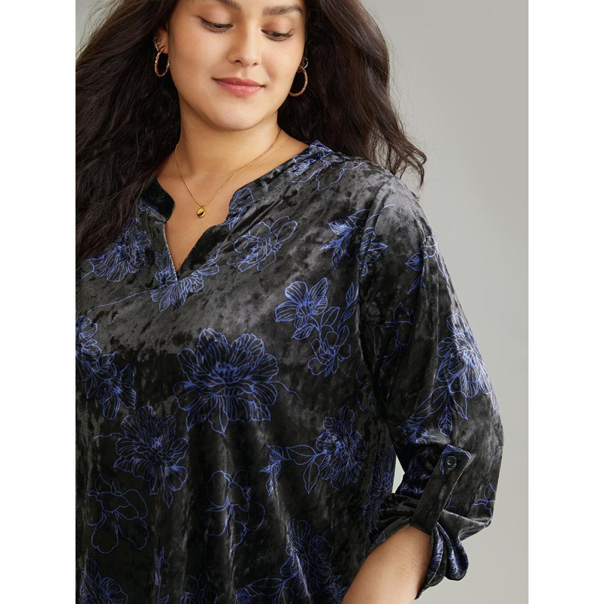 Plus Size Black Silhouette Floral Print Notched Roll Tab Sleeve Blouse Women Elegant Long Sleeve Notched collar Everyday Blouses BloomChic 30/6X Product Image