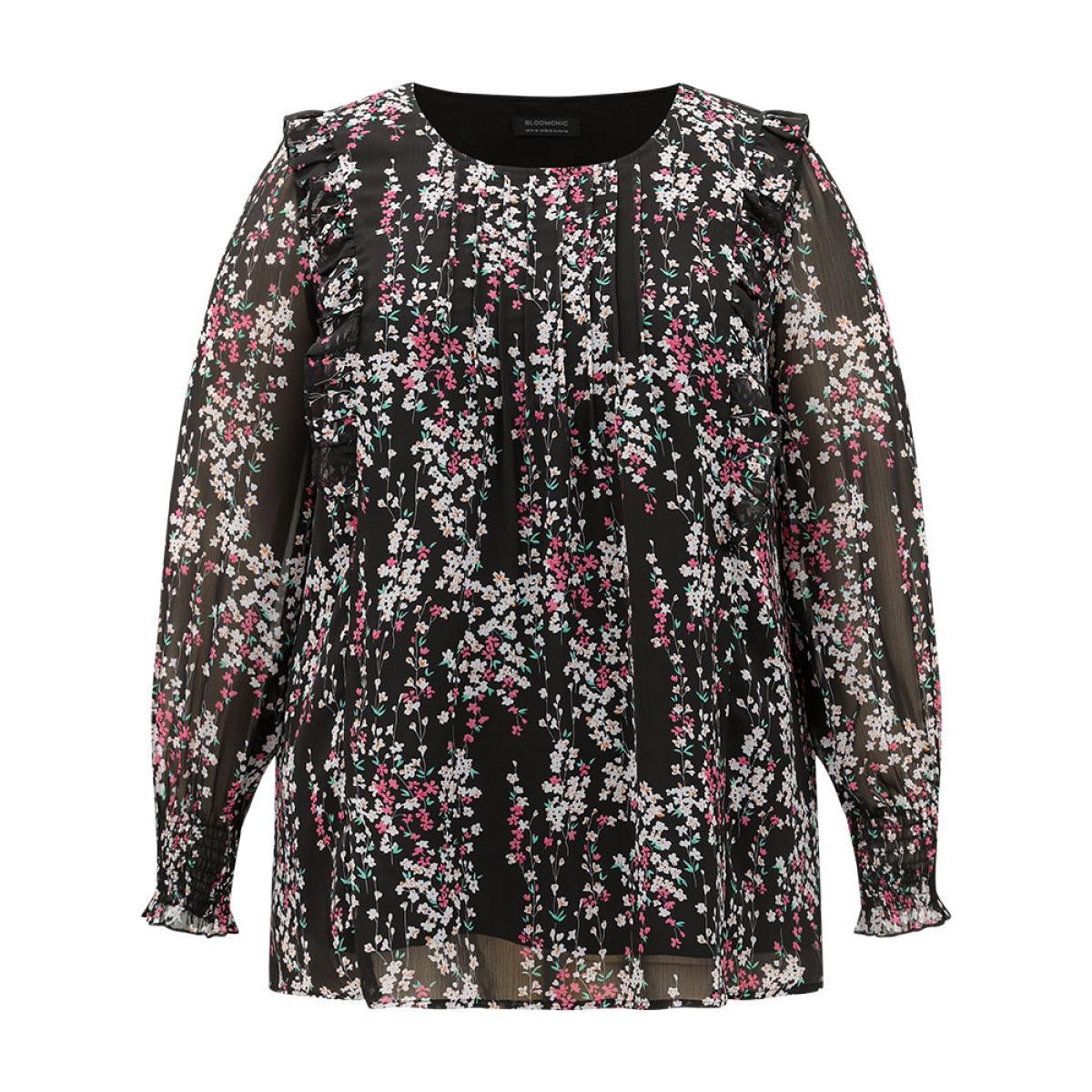 Plus Size Black Ditsy Floral Chiffon Ruffles Shirred Pleated Mesh Blouse Women Elegant Long Sleeve Round Neck Dailywear Blouses BloomChic 22-24/3X Product Image