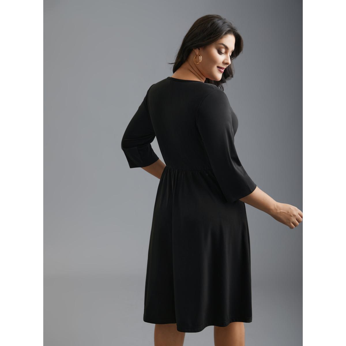 Plus Size Striped Patchwork Contrast Knit Dress Black Women Elegant Contrast Knit Dresses Bloomchic 12/L Product Image