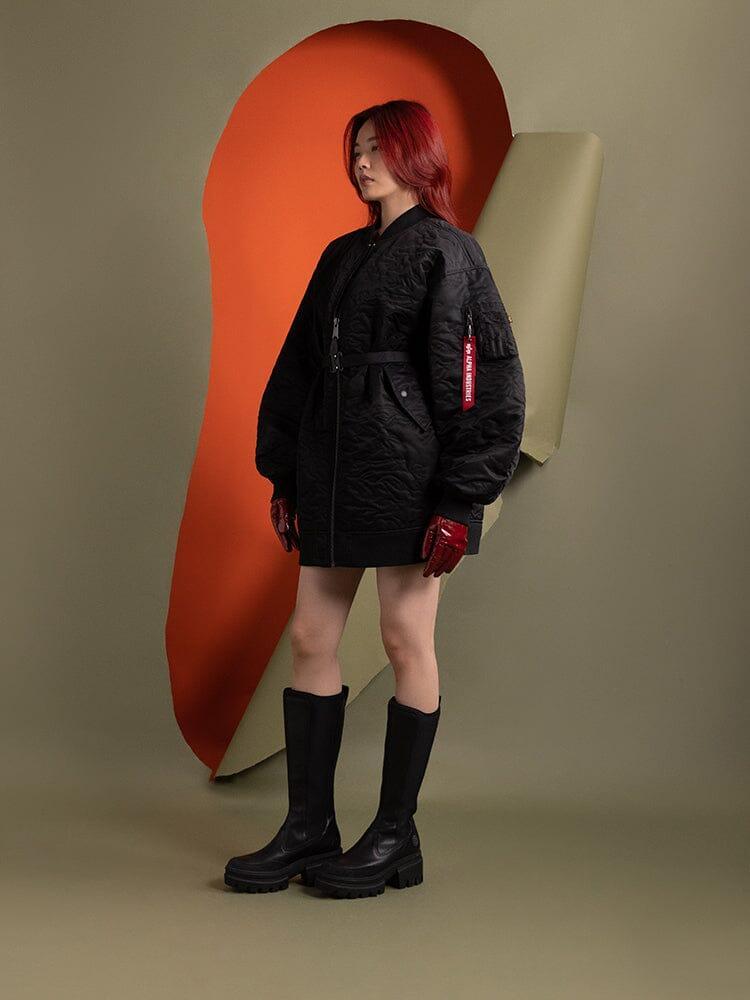 WOMEN'S CAMO QUILTED BELTED MA-1 BOMBER JACKET - BLACK / XL Product Image