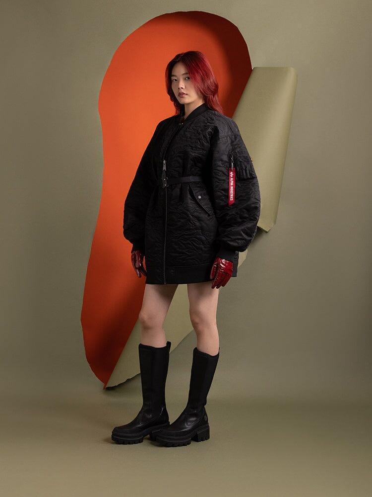 WOMEN'S CAMO QUILTED BELTED MA-1 BOMBER JACKET - BLACK / XL Product Image