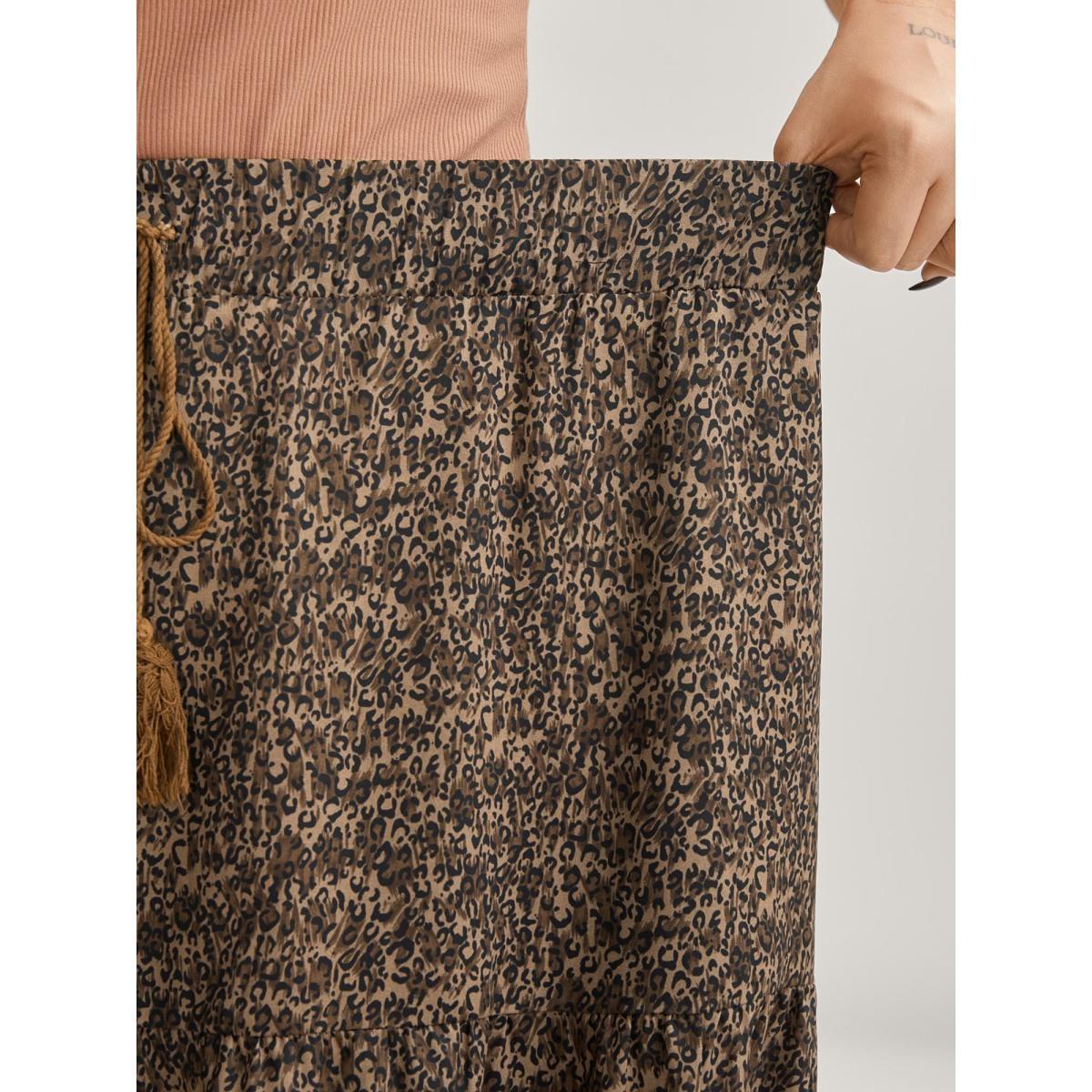 Plus Size Leopard Print Tiered Midi Skirt Women DarkBrown Bodycon High stretch Side seam pocket Everyday-Casual Skirts BloomChic 12/L Product Image