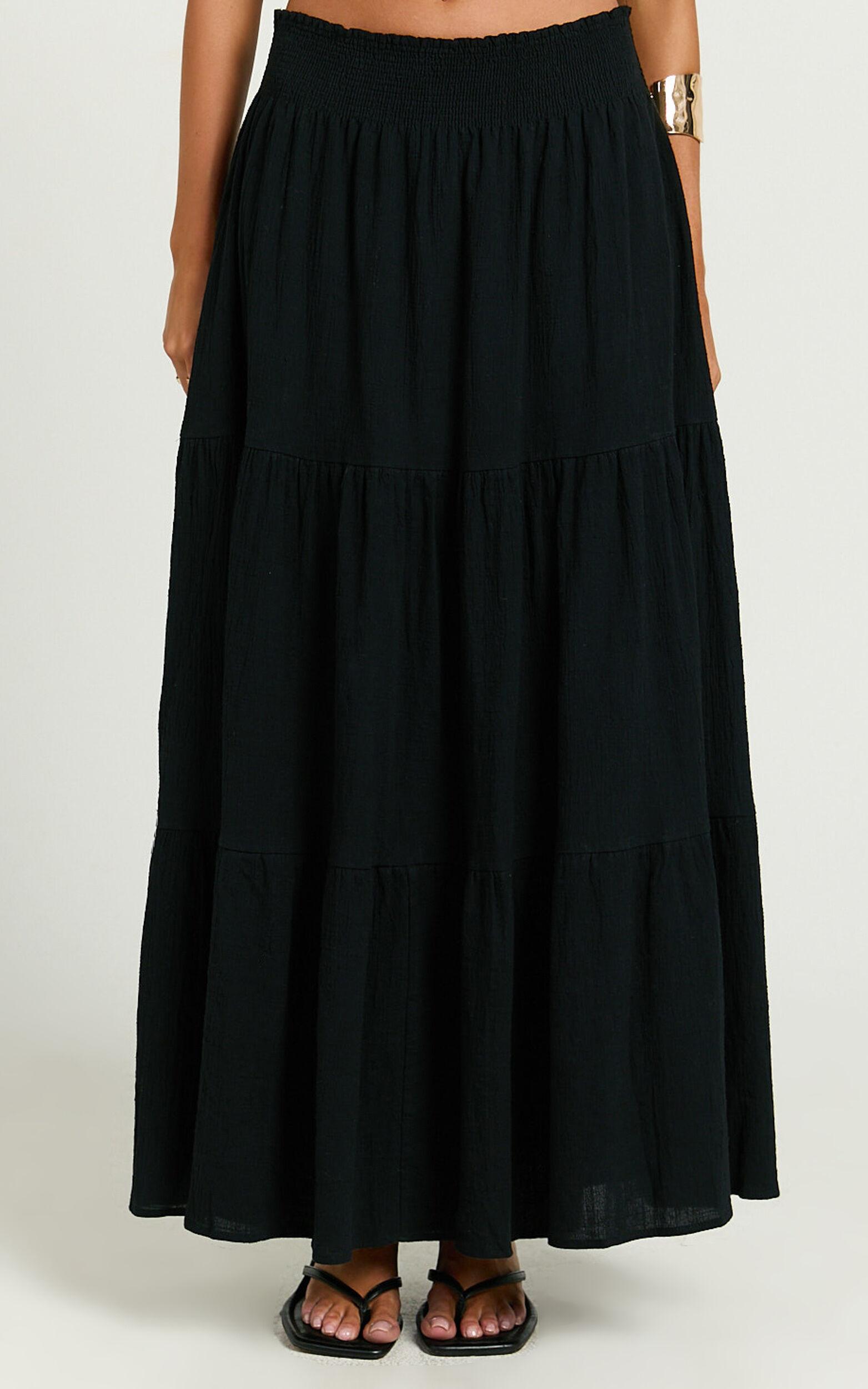 Ruby Midi Skirt - Shirred High Waist Cotton Tiered Skirt in Black Product Image