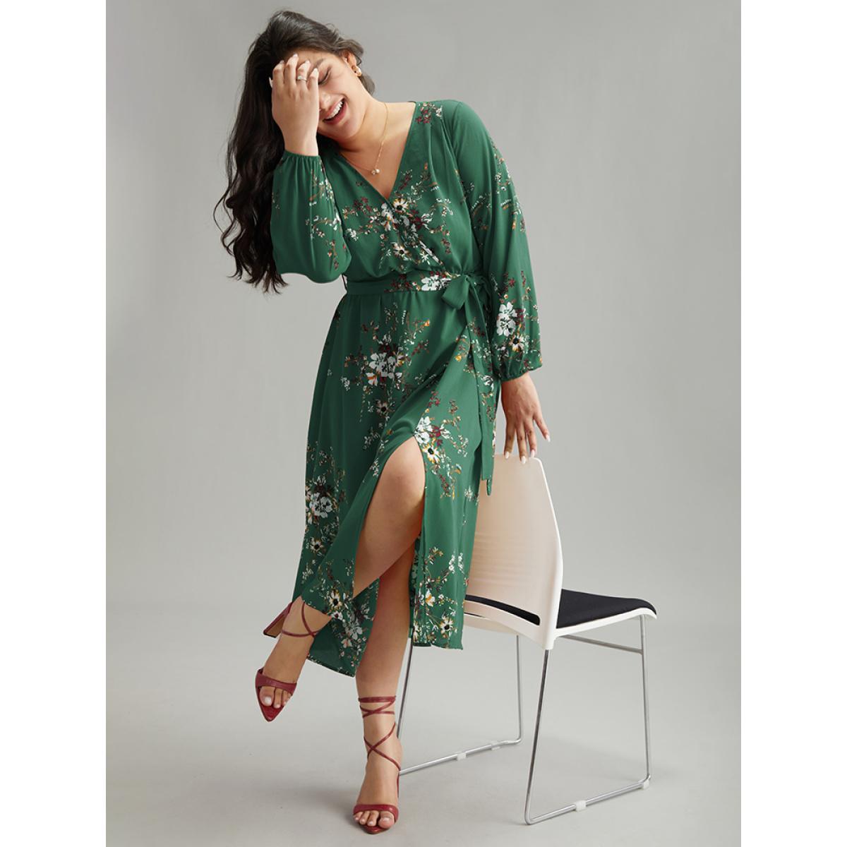 Plus Size Floral Print Belted Split Surplice Neck Dress Mint Women Elegant Elastic cuffs Overlap Collar Long Sleeve Curvy Midi Dress BloomChic 30/6X Product Image