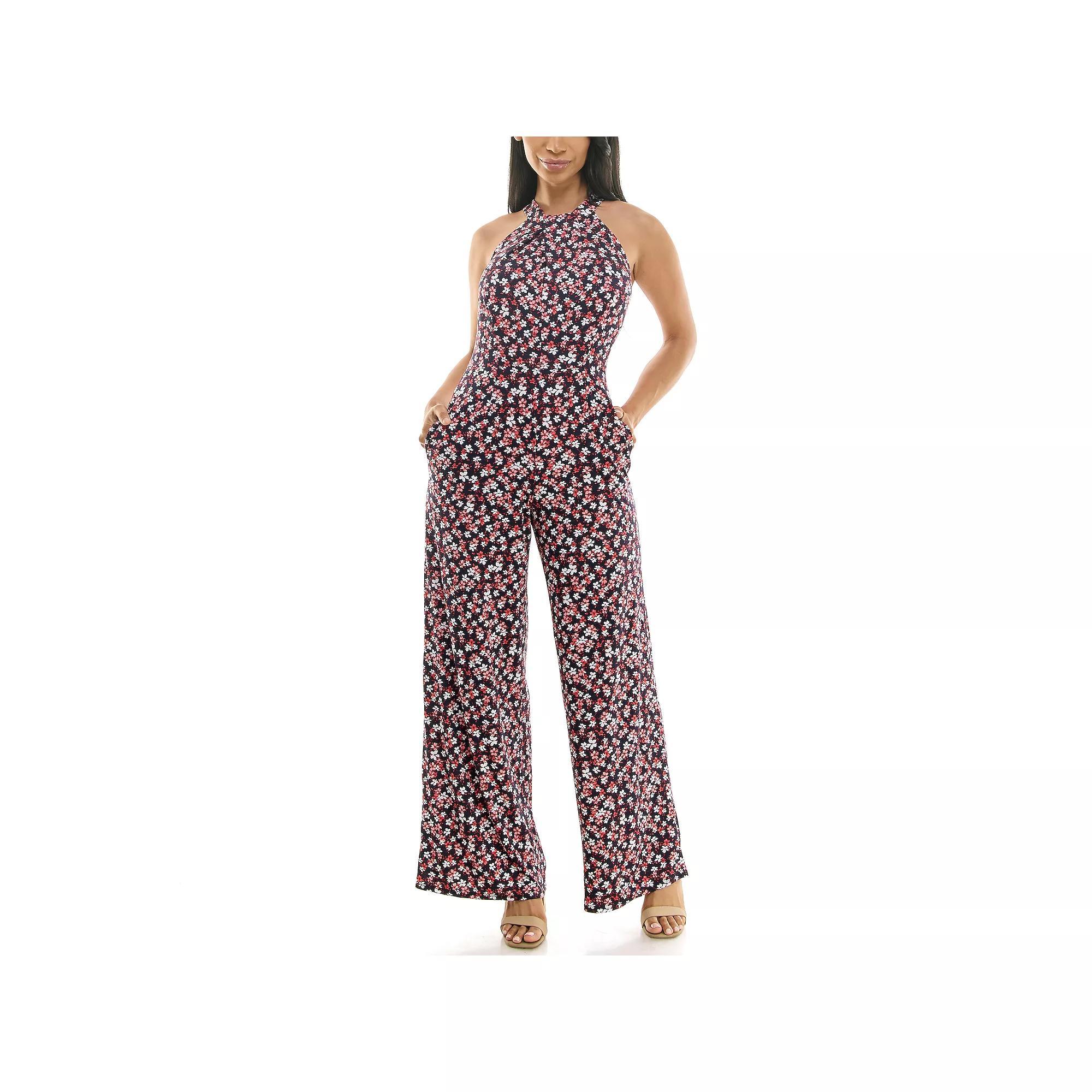 Women's Nina Leonard Printed Twist Neck Jumpsuit, Size: Small, Blue Red Team Product Image