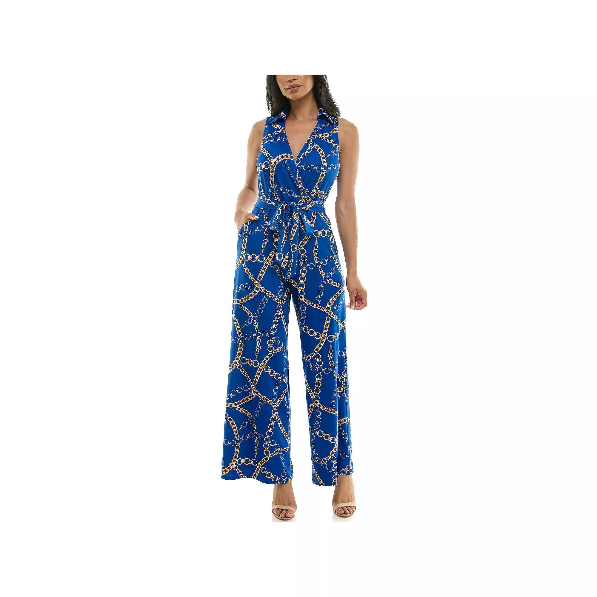 Womens Nina Leonard Print Collared Sleeveless Surplice Wide-Leg Jumpsuit Product Image