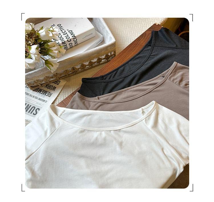 Long-Sleeve Off-Shoulder Plain Button T-Shirt Product Image