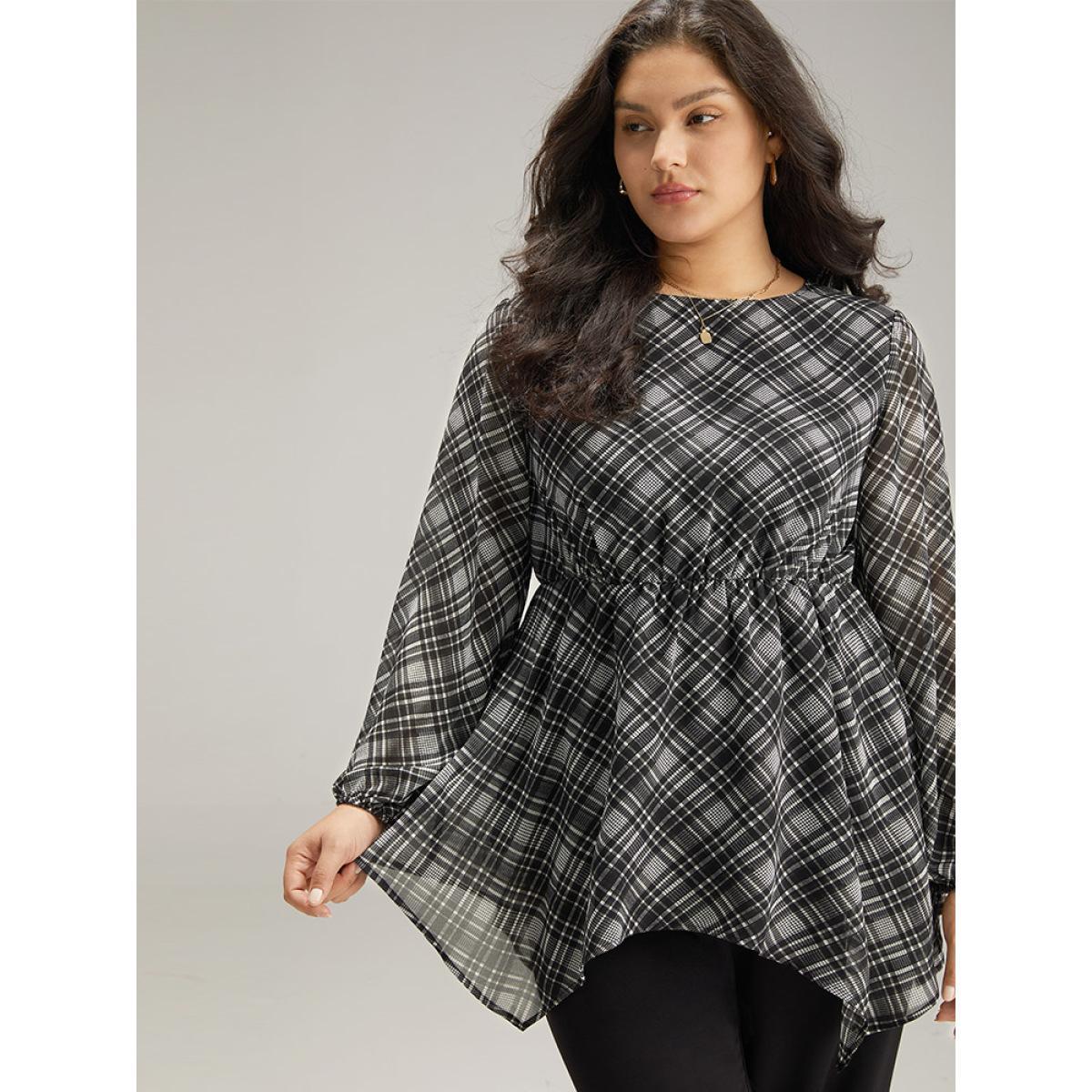Plus Size Black Plaid Chiffon Lantern Sleeve Hanky Hem Blouse Women Office Long Sleeve Round Neck Work Blouses BloomChic 30/6X Product Image
