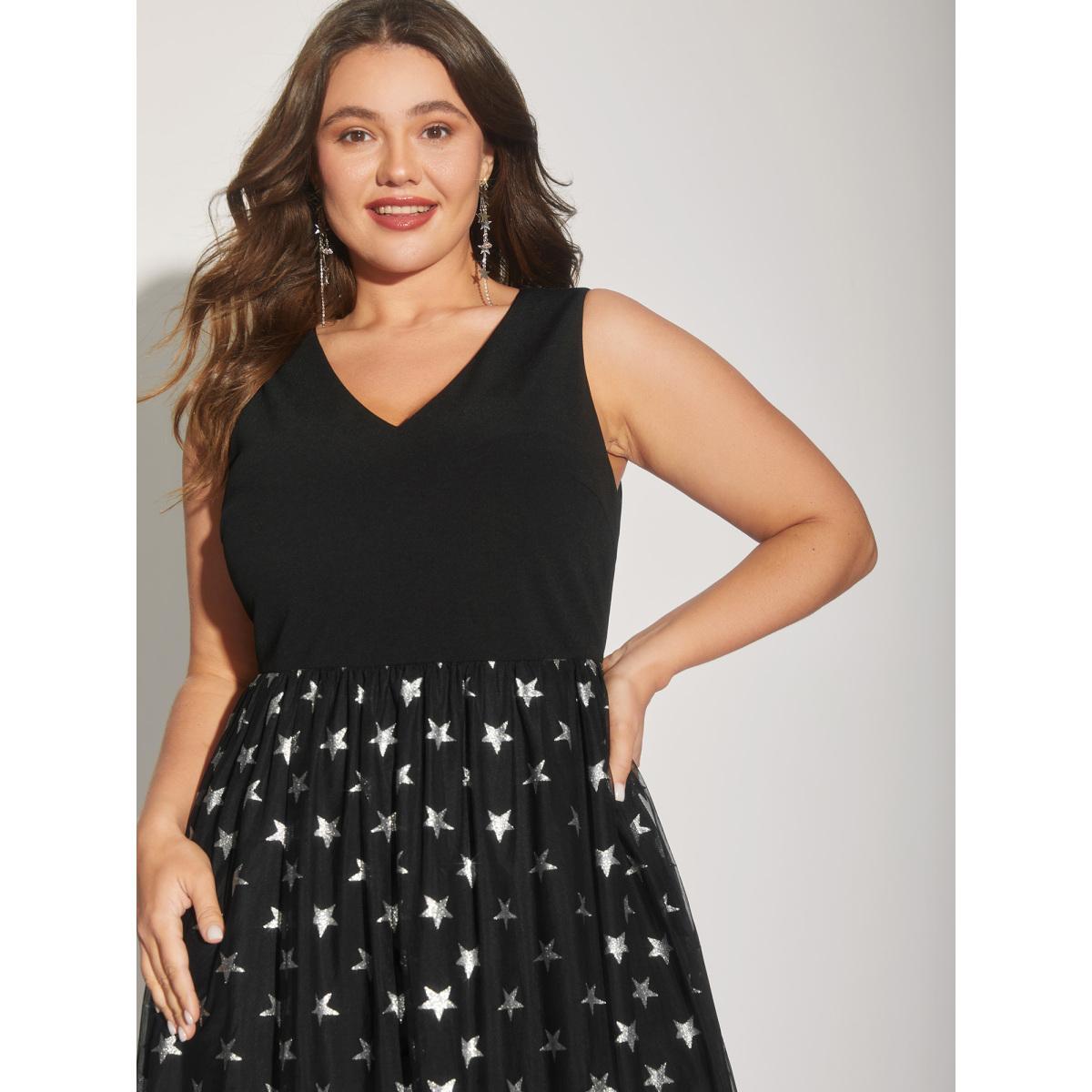 Plus Size Sequins Star Print V-Neck Midi Dress Black Women Non Sleeveless Curvy BloomChic 12/L Product Image