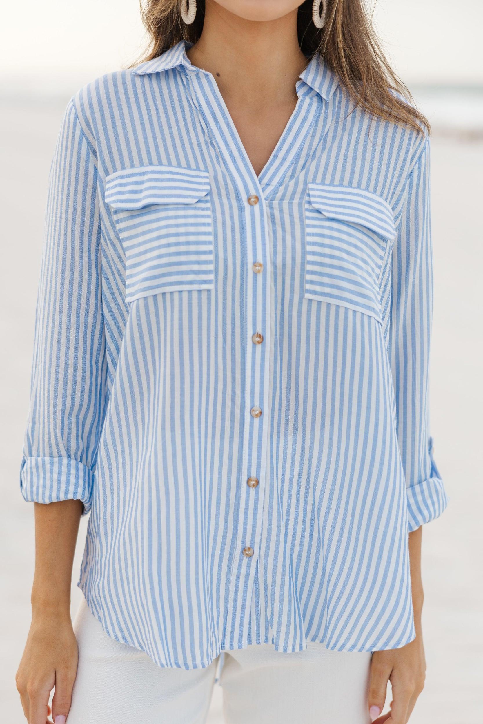 Need You More Blue Striped Button Down Blouse Female Product Image