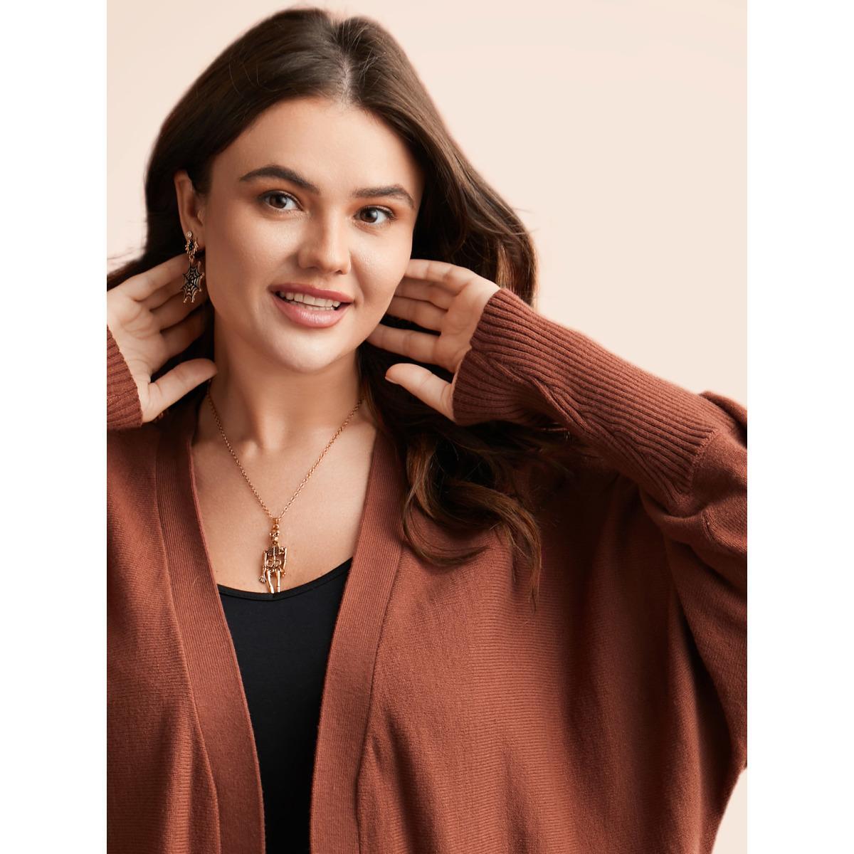 Plus Size Cat Printed Pockets Arc Hem Cardigan Browncoffeecolor Women Casual Loose Long Sleeve Everyday Cardigans BloomChic 10/M Product Image