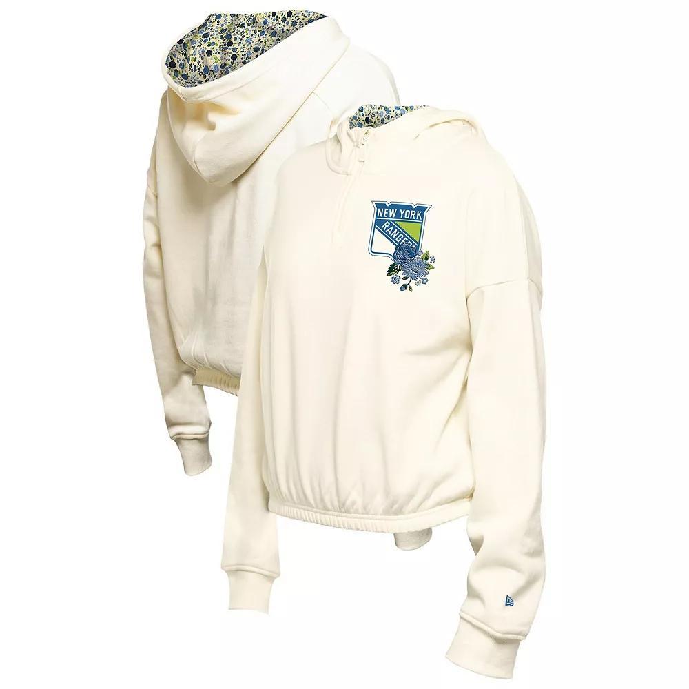 Women's New Era Cream New York Rangers Glam Game Quarter-Zip Cropped Floral Hoodie Pullover, Size: 2XL, Ran Beige Product Image