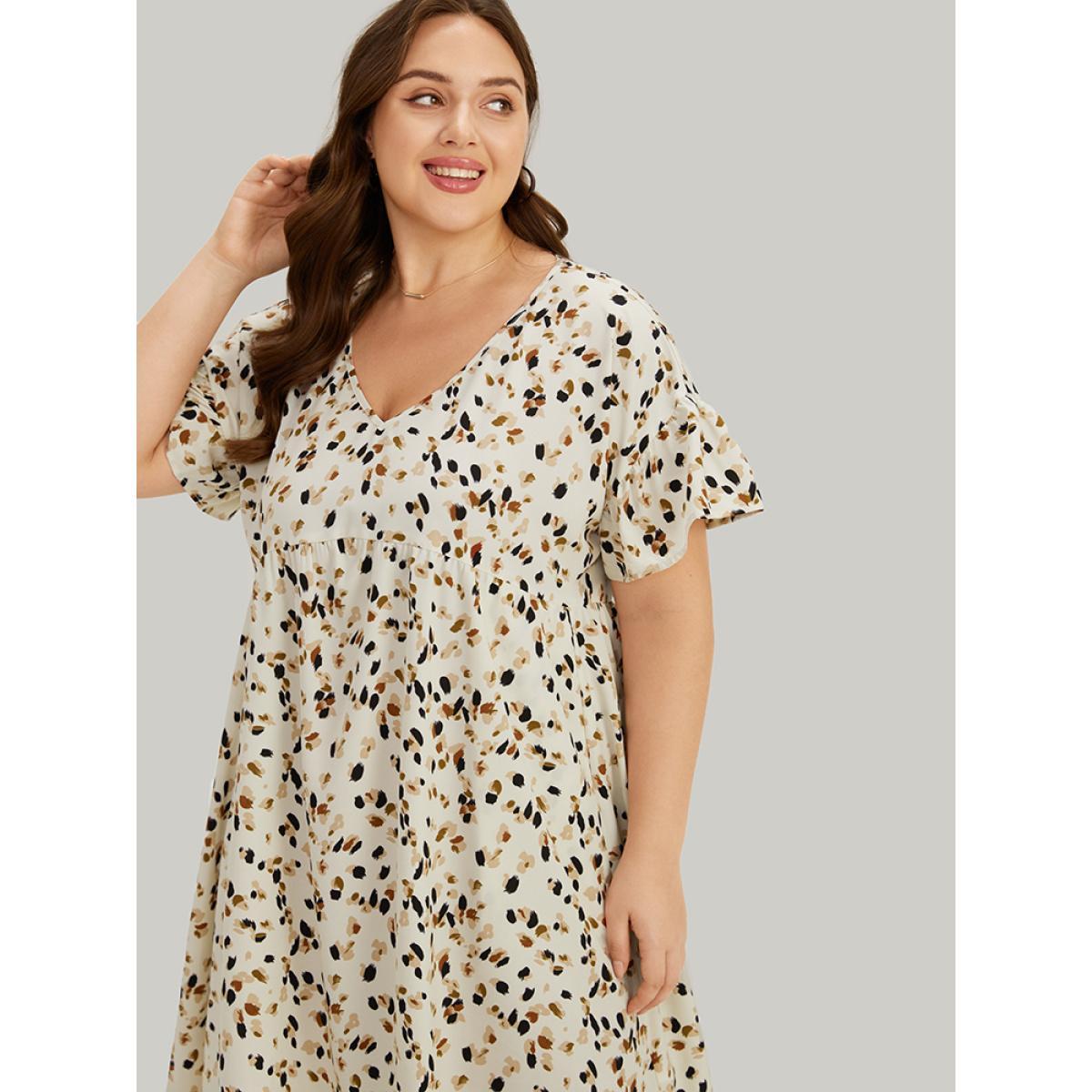 Plus Size Allover Print Pocket V Neck Ruffle Sleeve Dress Leopard Women Elegant Ruffles V-neck Short sleeve Curvy Knee Dress BloomChic 10/M Product Image