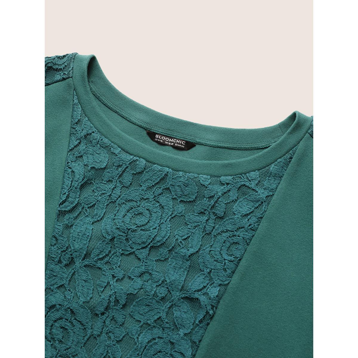 Plus Size Solid Lace Patchwork Crew Neck Sweatshirt Women Cyan Elegant Plain Round Neck Dailywear Sweatshirts BloomChic 28/5X Product Image
