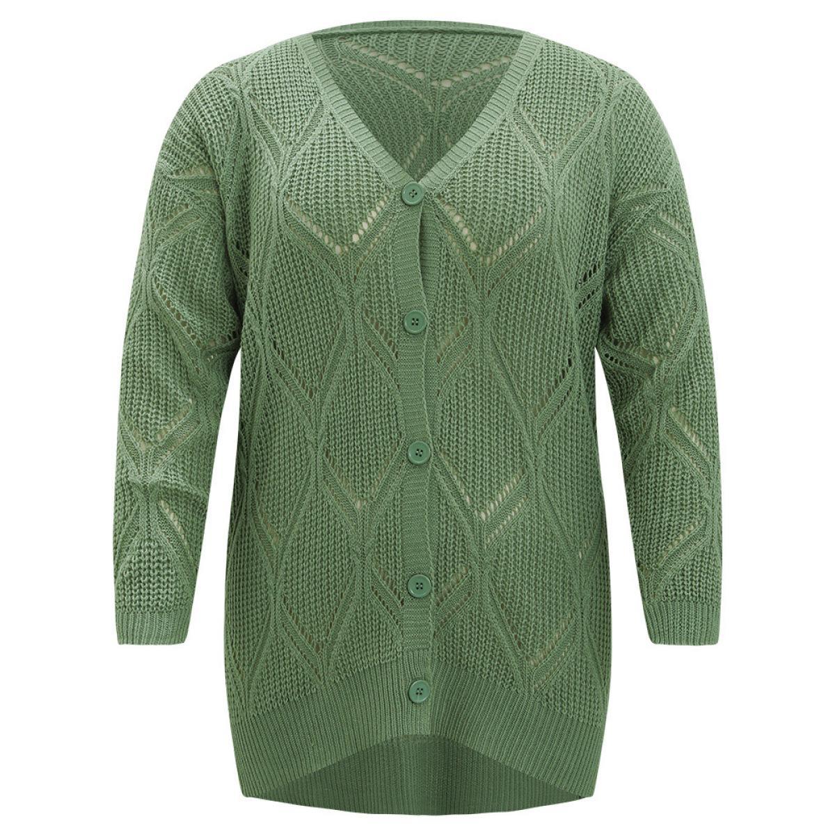 Plus Size Geo Plisse Button Through Elastic Cuffs Cardigan Green Women Casual Loose Long Sleeve Everyday Cardigans BloomChic 28/5X Product Image