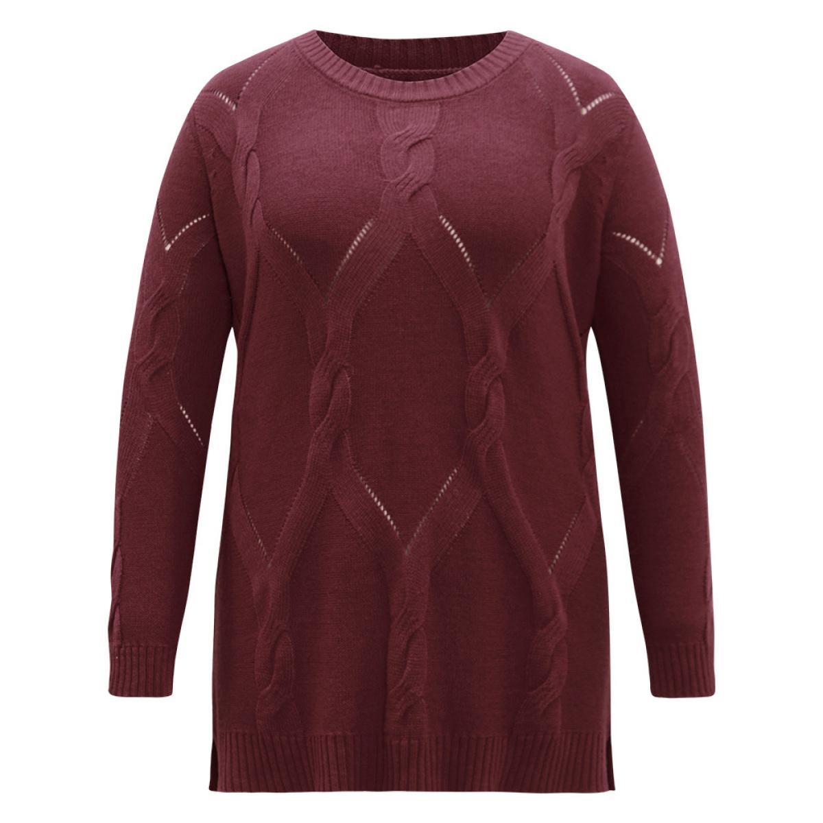 Plus Size Eyelet Cable Knit Elastic Hem Pullover Burgundy Women Casual Loose Long Sleeve Round Neck Dailywear Pullovers BloomChic 26/4X Product Image