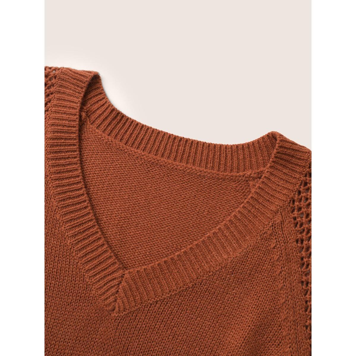 Plus Size Geometric Hollow Out Raglan Sleeve Pullover Chocolate Women Casual Long Sleeve V-neck Everyday Pullovers BloomChic 12/L Product Image