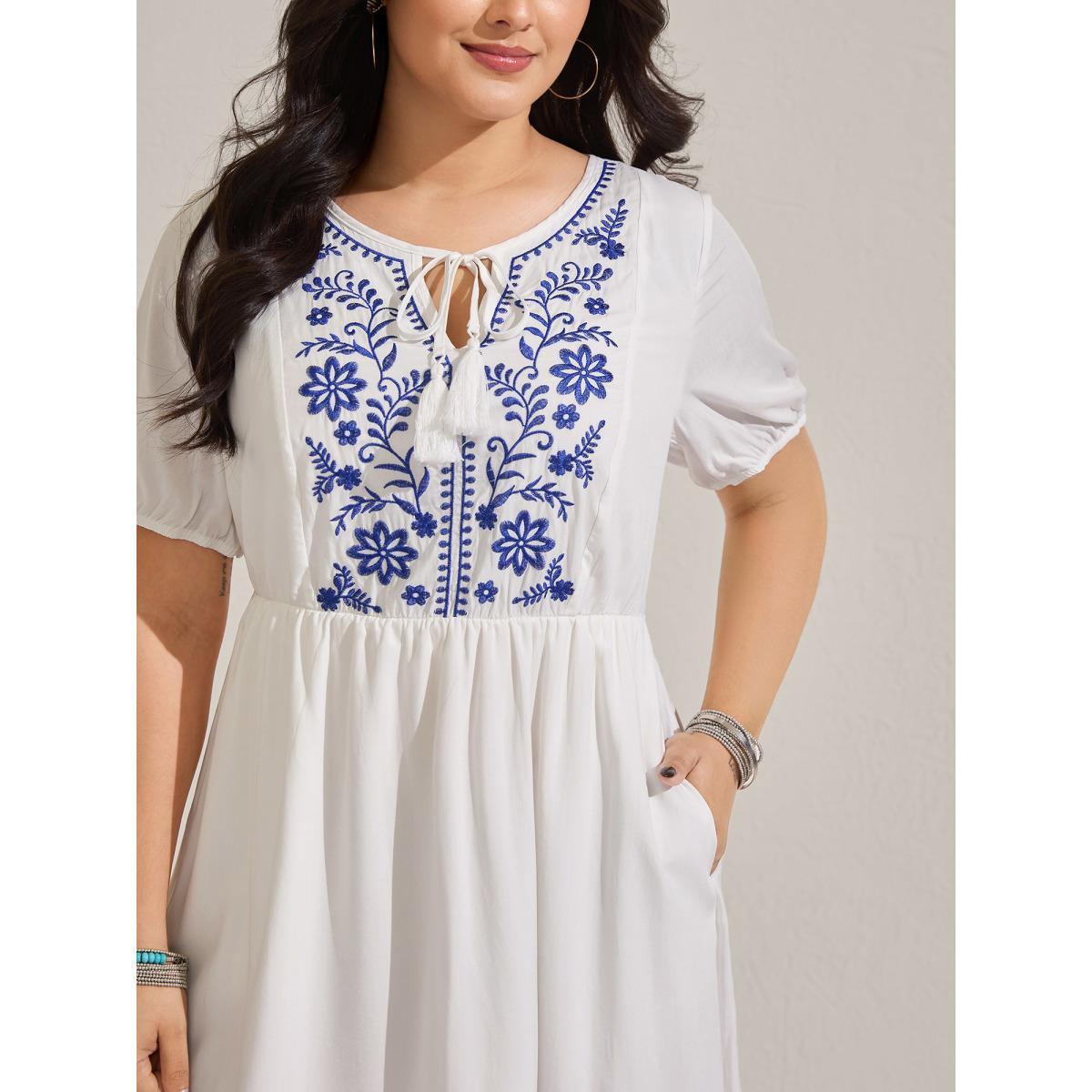 Plus Size Floral Embroidery Pockets Tassels Midi Dress Ivory Women Notched collar Short sleeve Curvy BloomChic 22-24/3X Product Image