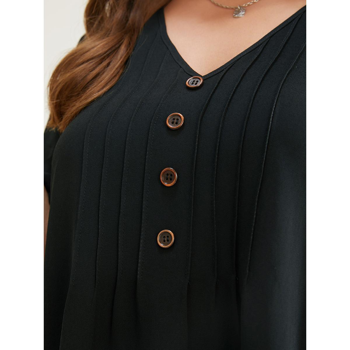 Plus Size Black Plain V Neck Mesh Ruffle Sleeve Button Detail Blouse Women Casual Short sleeve V-neck Work Blouses BloomChic 14-16/1X Product Image