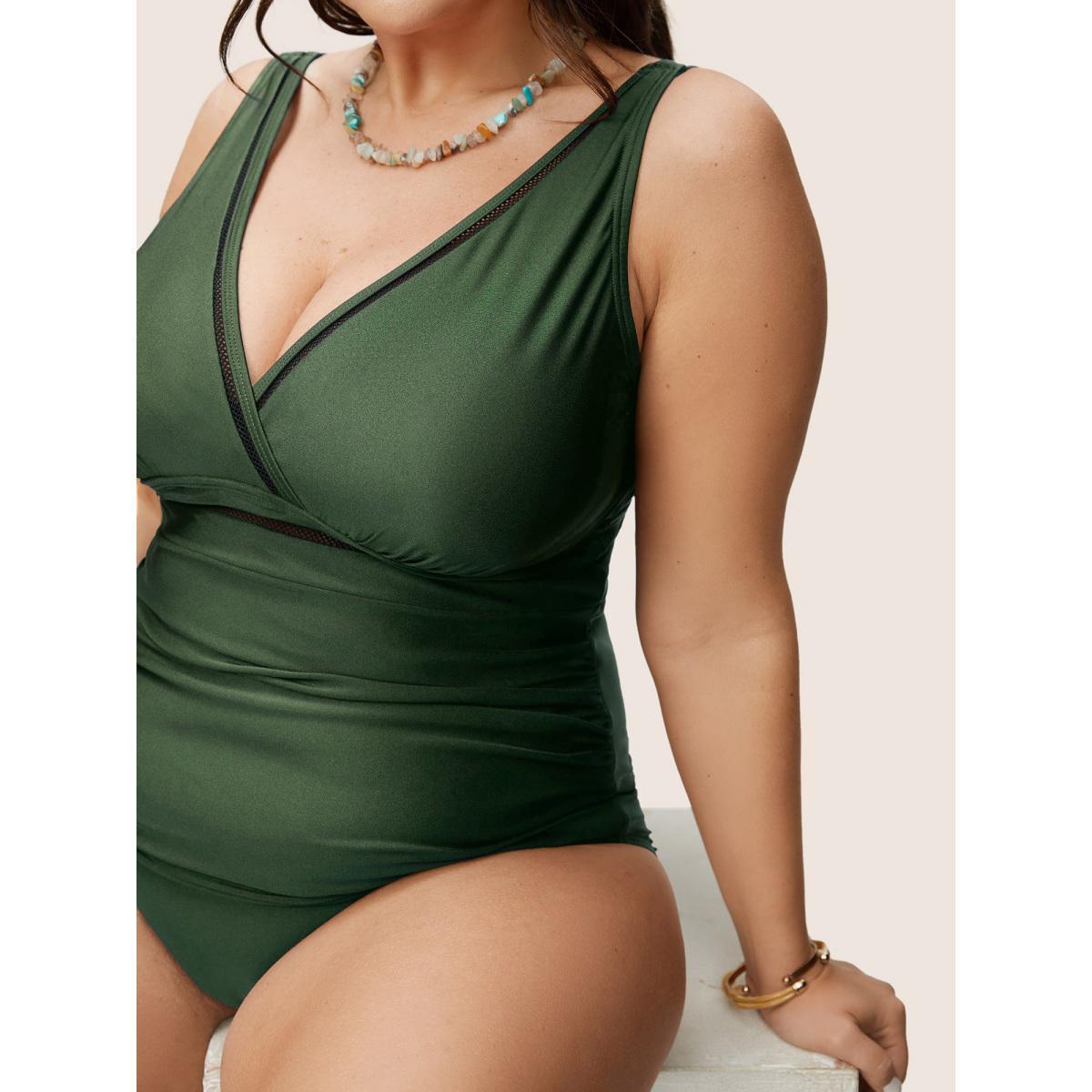 Plus Size Solid Adjustable Straps Gathered One Piece Swimsuit Women's Swimwear ArmyGreen Beach Non Curve Bathing Suits High stretch One Pieces BloomChic 12/L Product Image