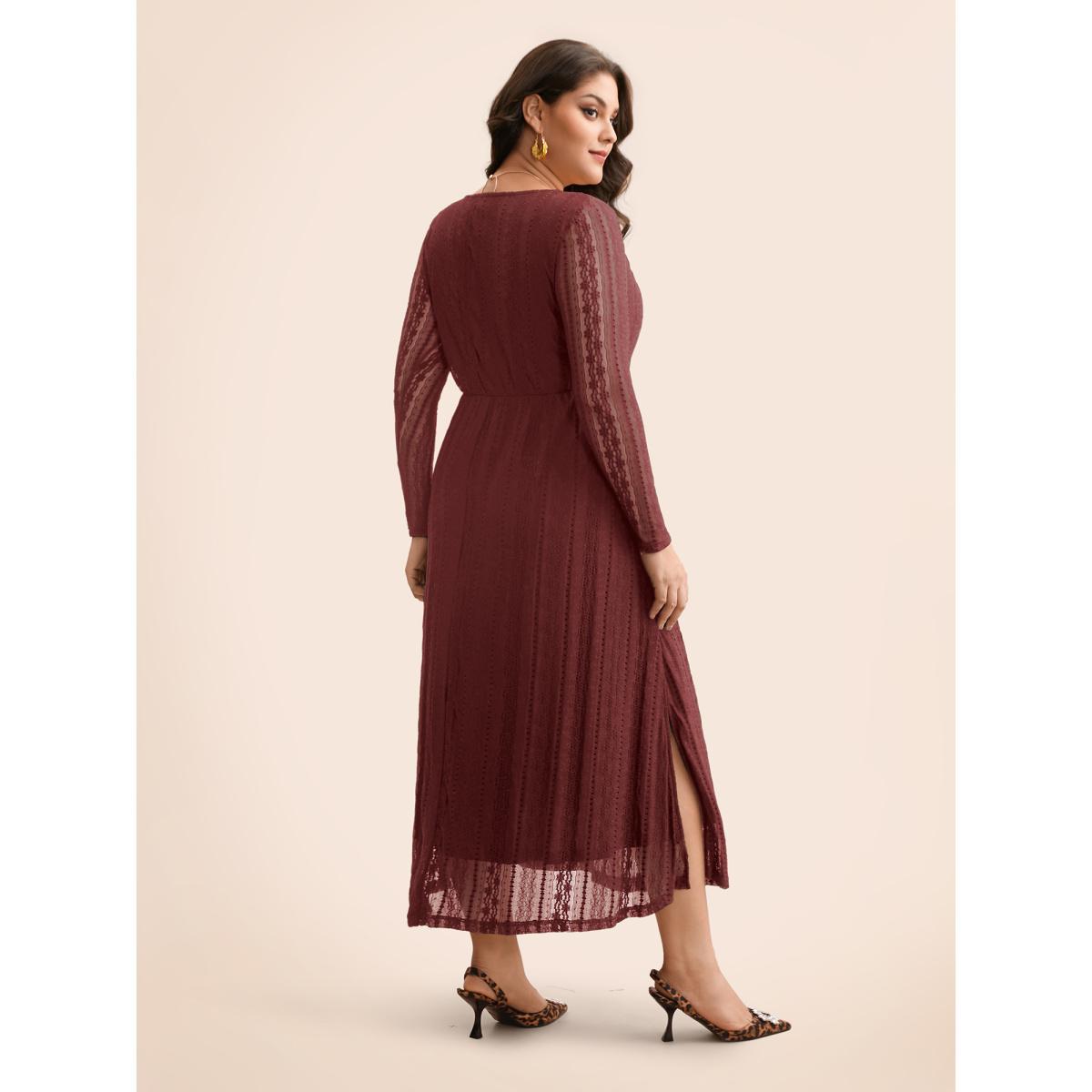 Plus Size Lace Panel Square Neck Tie Knot Dress Burgundy Women Elegant Tie knot Square Neck Long Sleeve Curvy BloomChic 12/L Product Image