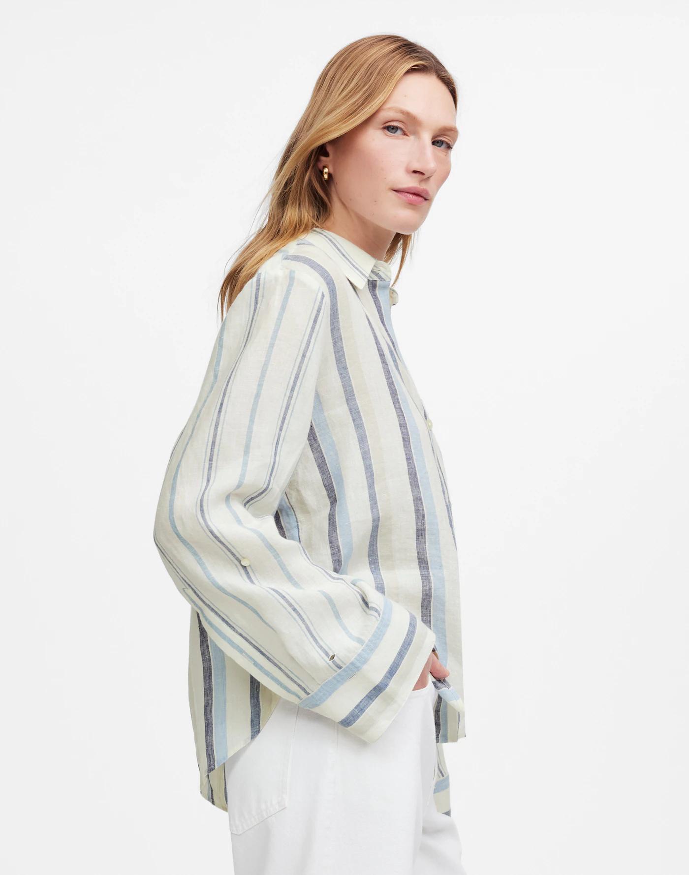 Linen Easy Y-Neck Button-Up Shirt in Mixed Stripe Product Image