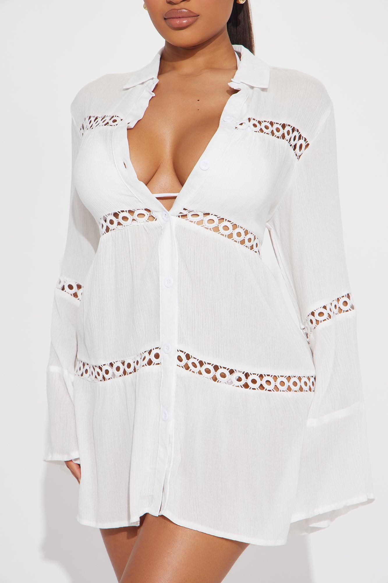 Breezy Paradise Linen Circle Cover Up Shirt Dress - White Product Image