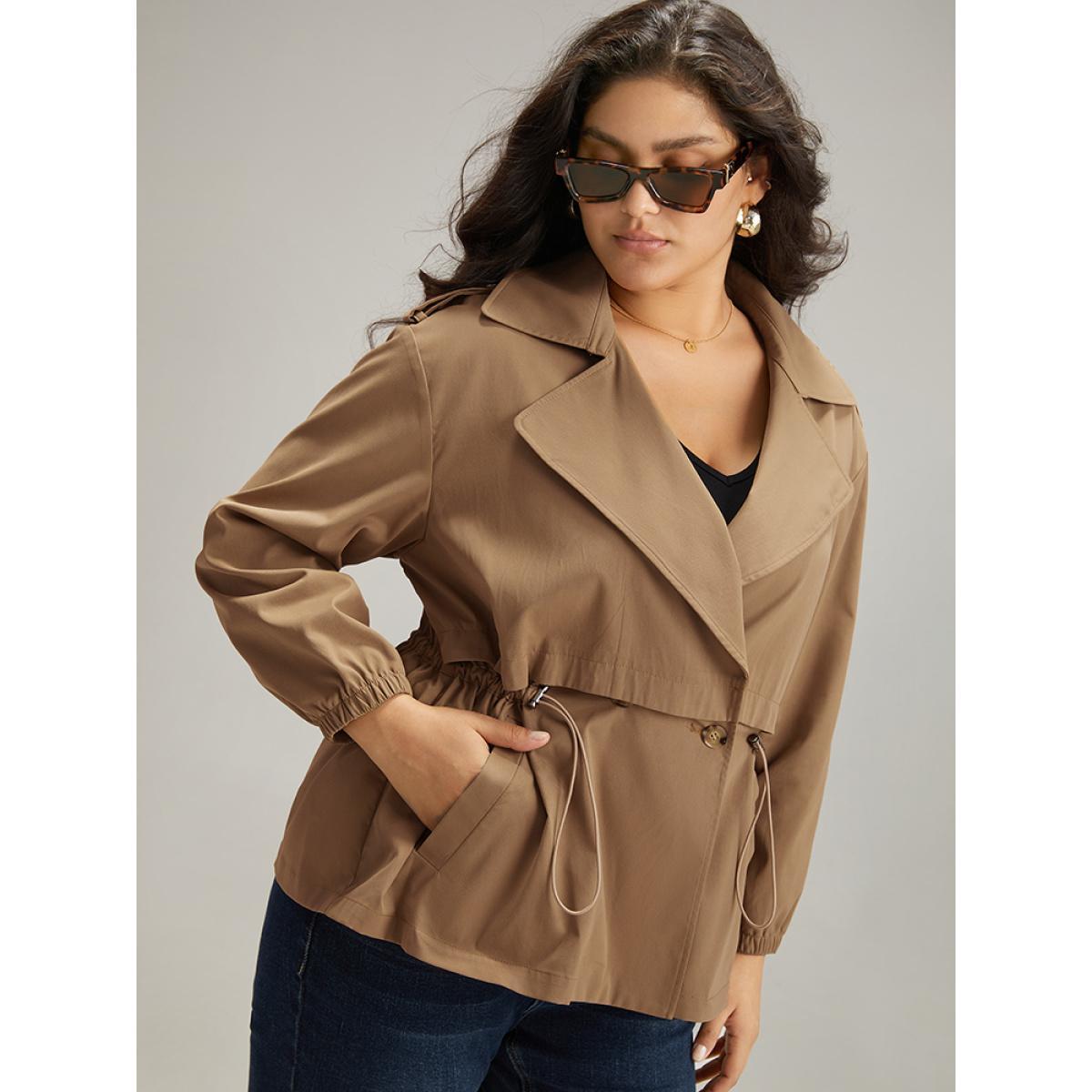 Plus Size Solid Lapel Collar Drawstring Button Detail Coat Women Bronze Dailywear Elastic cuffs Plain 22-24/3X Pocket Casual Trench Coats BloomChic Product Image