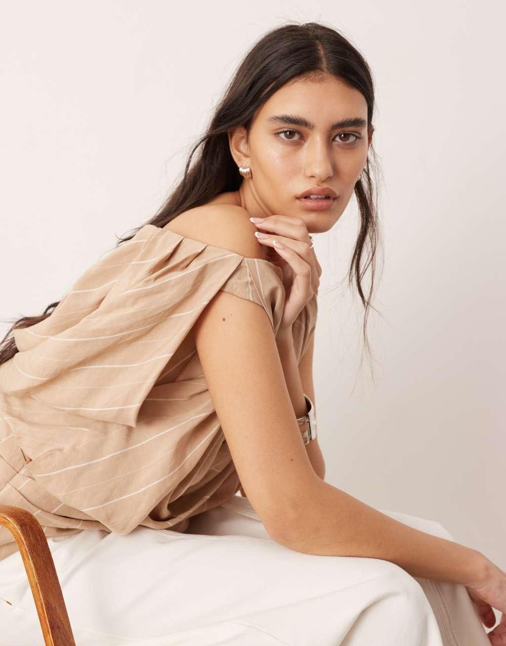 ASOS EDITION drape structure off shoulder corset top in stone stripe print Product Image