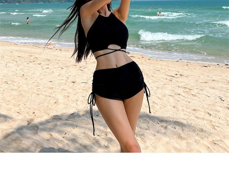 Set: Halter Neck Plain Cutout Tie Back Tankini Top + Drawstring Bottom Product Image