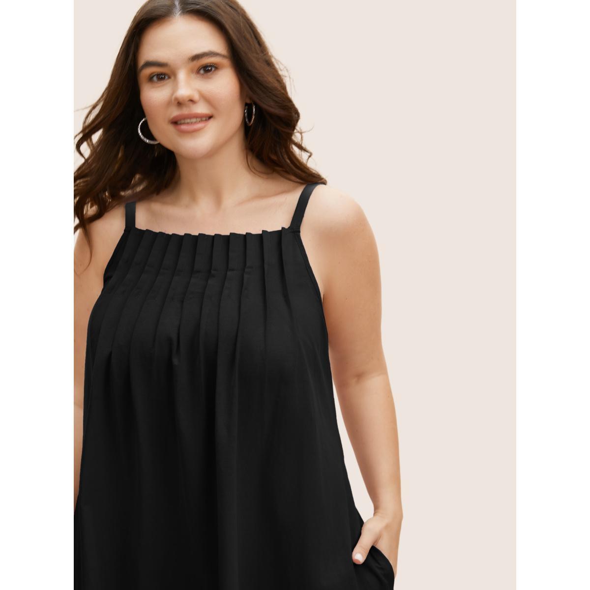 Plus Size Cotton Plain Pleated Loose Fit Cami Dress Black Women Casual Ruffles Non Sleeveless Curvy BloomChic 26/4X Product Image