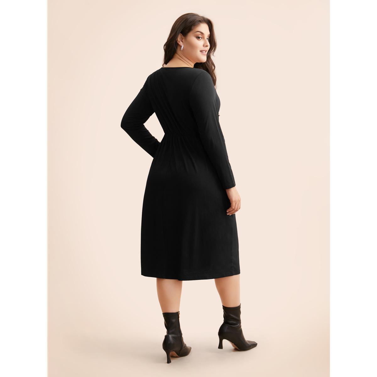 Plus Size Round Neck Bowknot Rhinestone Dress Black Women Resort Rhinestone detailing Round Neck Long Sleeve Curvy BloomChic 22-24/3X Product Image