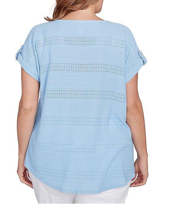 Ruby Rd. Plus Size Crochet Knit Boat Neck Short Button Tab Sleeve Top Product Image