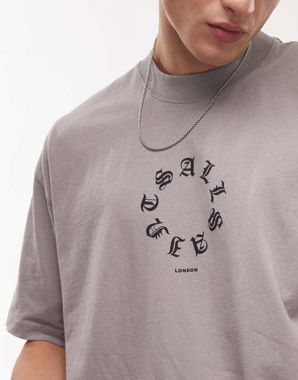 AllSaints Fraktur oversized t-shirt in stone Product Image