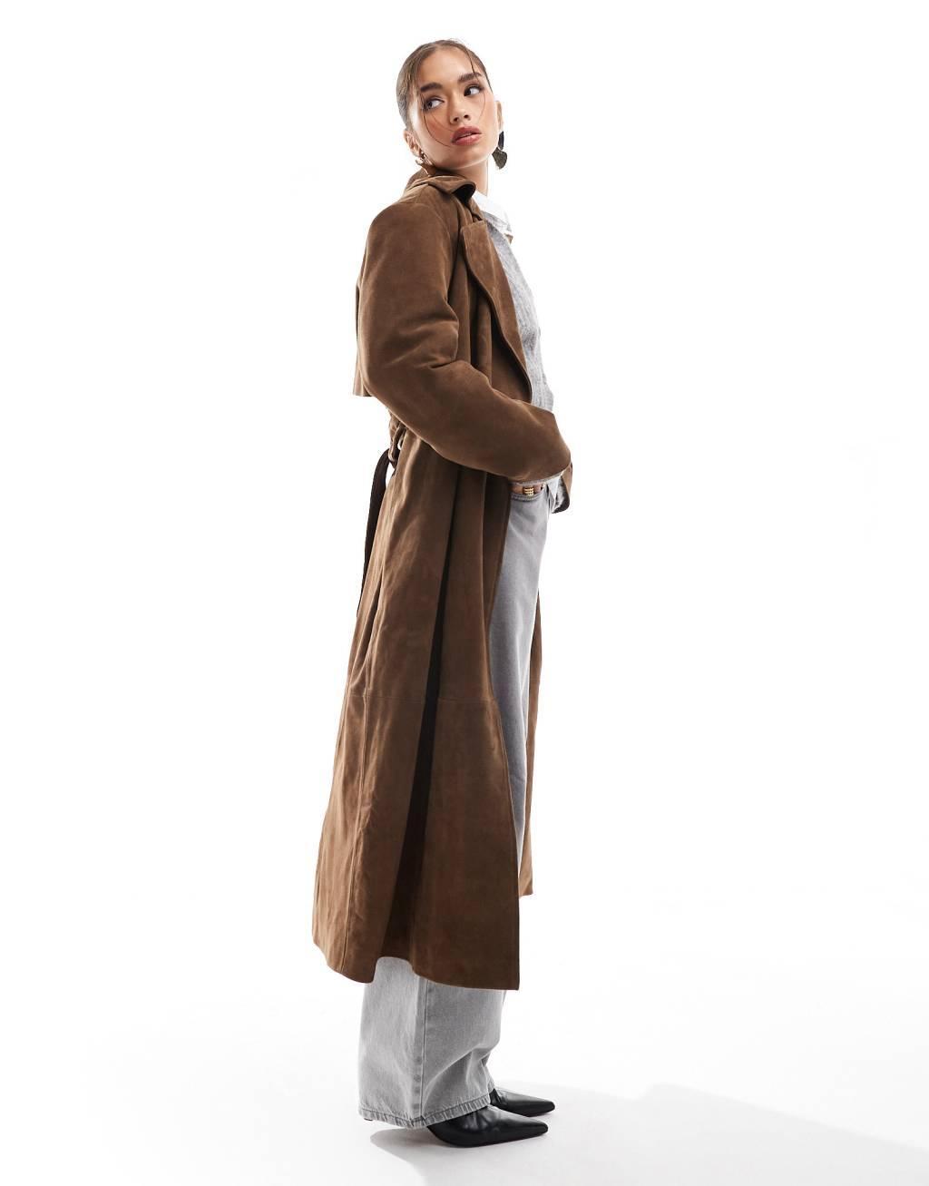 ASOS DESIGN premium suede trench coat in tan Product Image