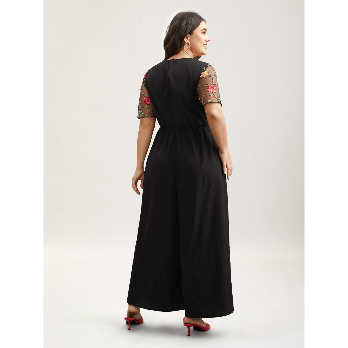 Plus Size Black Floral Mesh Embroidered Flared Jumpsuit Women Elegant Short sleeve Round Neck Everyday-Elegant Loose Jumpsuits BloomChic 10/M Product Image