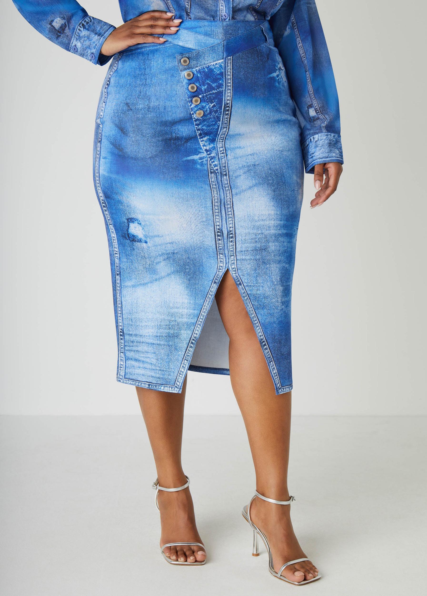 Front Split Denim Print Skirt Product Image
