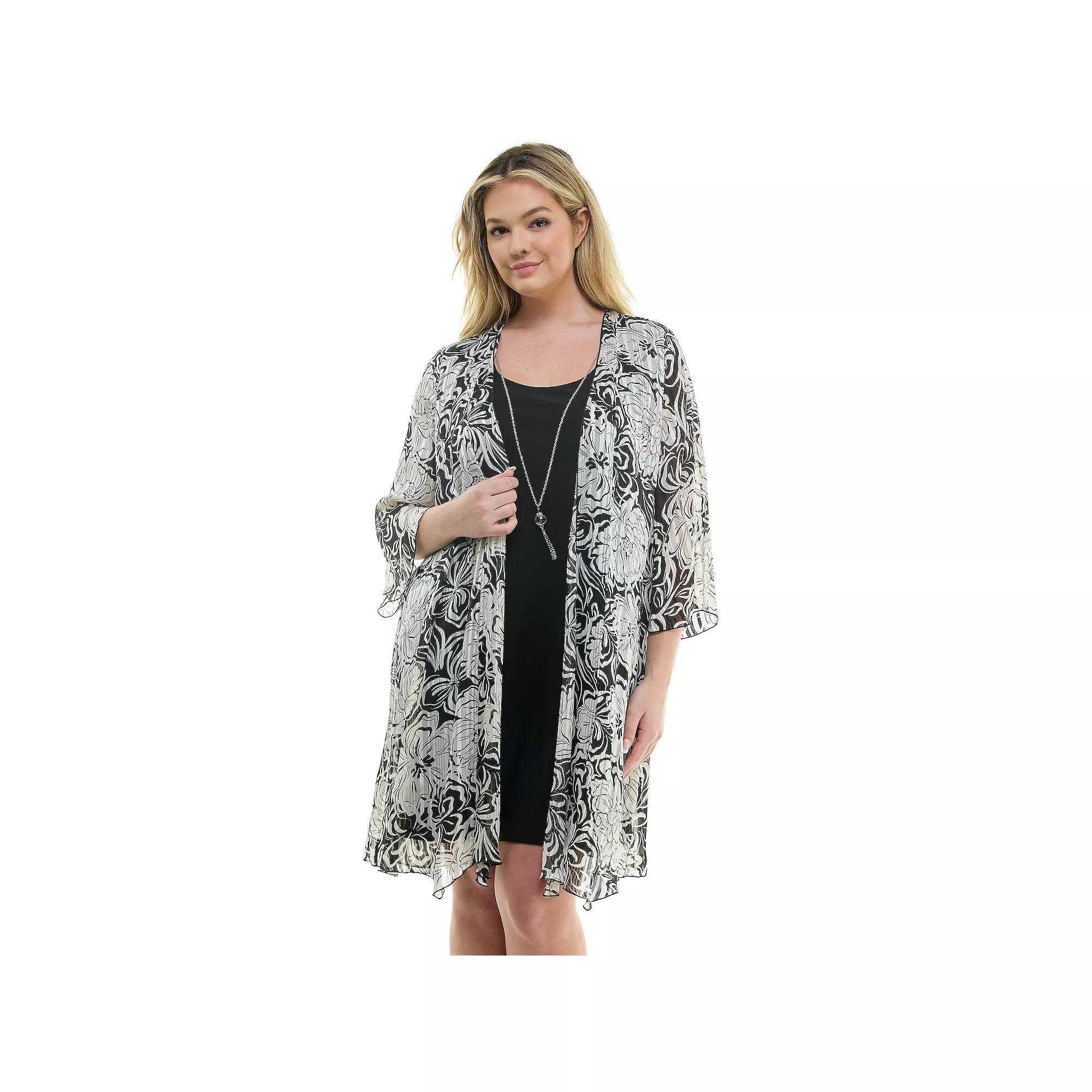 Plus Size Luxology 2-Piece 3/4 Bell Sleeve Cardigan & Drop Collar Dress Set, Women's, Size: 2XL, Black Ivory Product Image