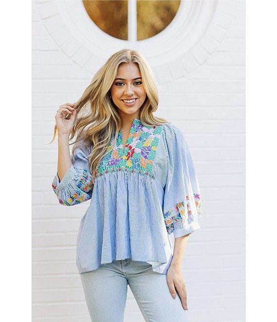 J.Marie Tristen 3/4 Sleeve Embroidery Coordinating Top Product Image