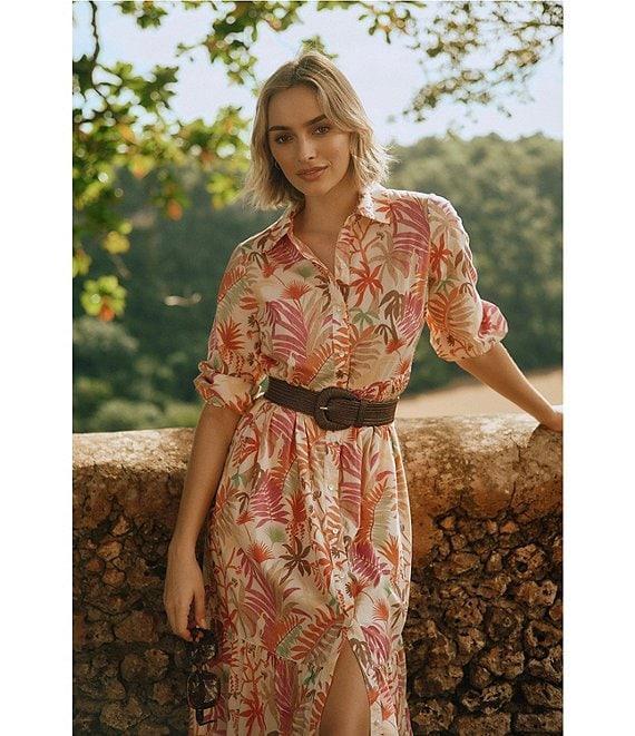 J.McLaughlin Tybee Printed Knit Point Collar 3/4 Cuff Sleeve Midi Dress Product Image