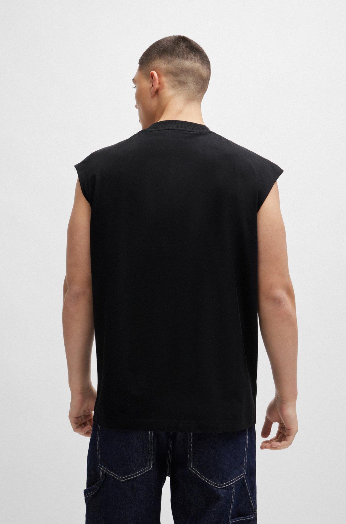 Sleeveless cotton-jersey T-shirt with blue logo label  Product Image