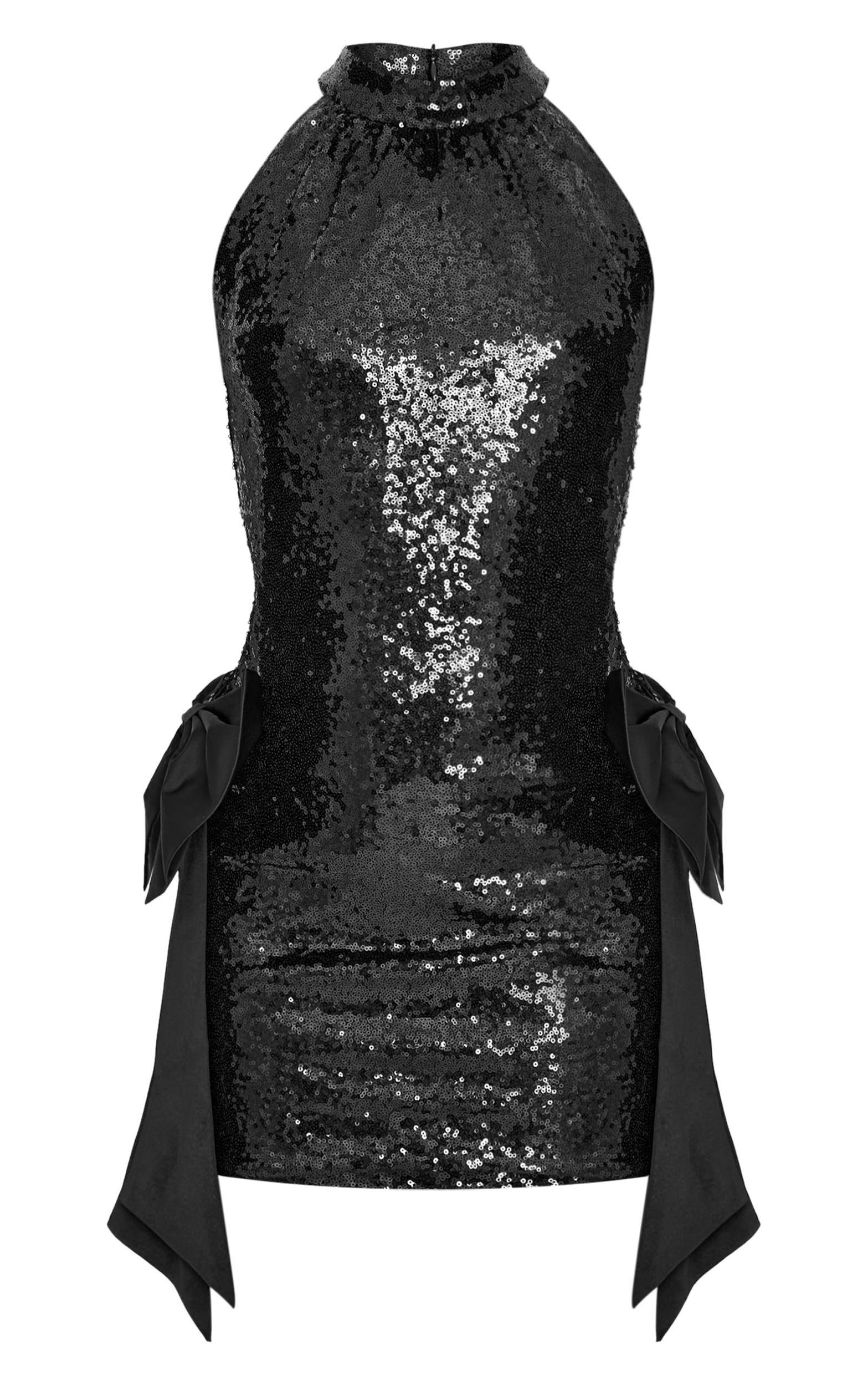 Black Sequin Cut Out Bow Detail Mini Dress Product Image