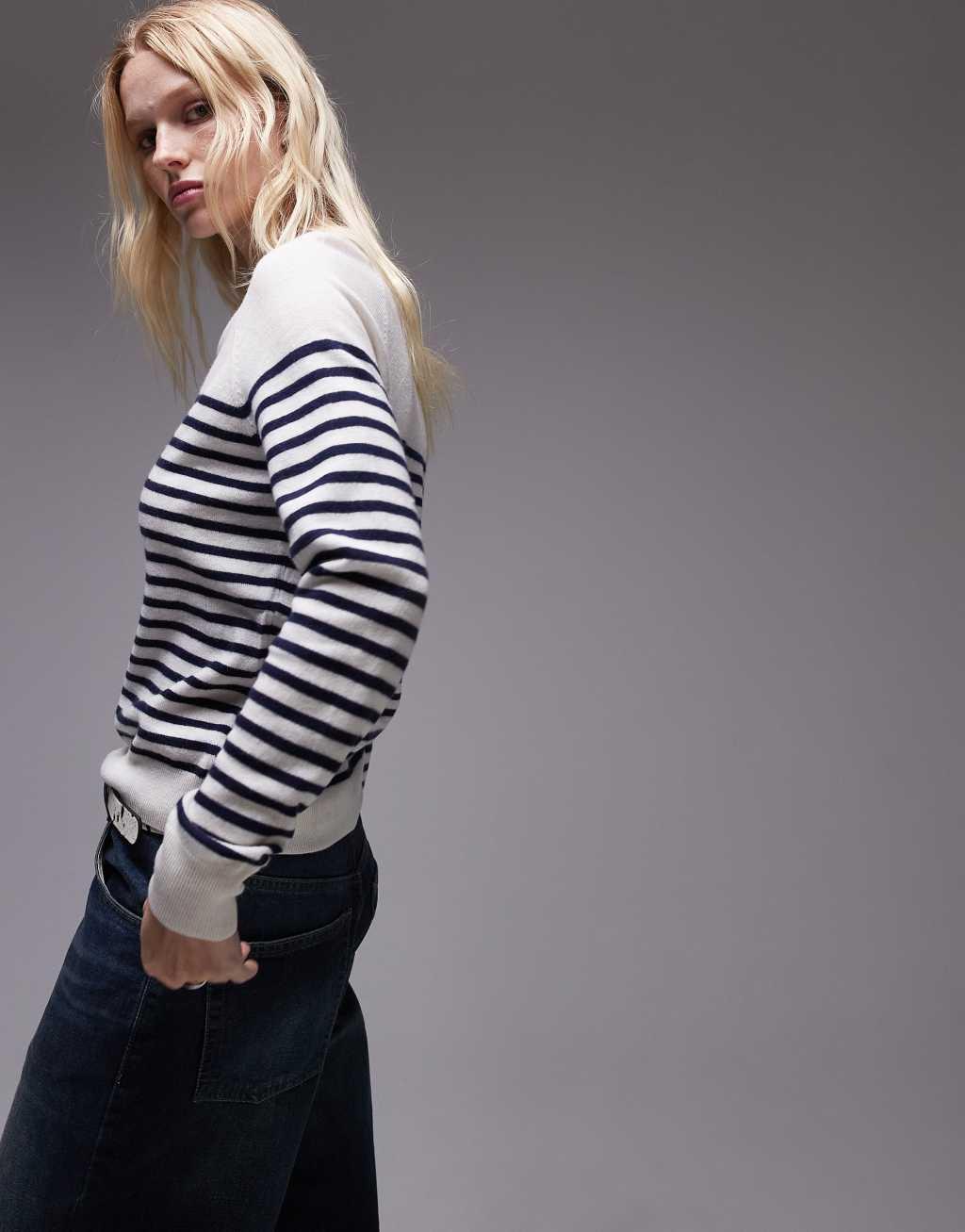 Mango fine knit wool stripe sweater in navy and white Product Image